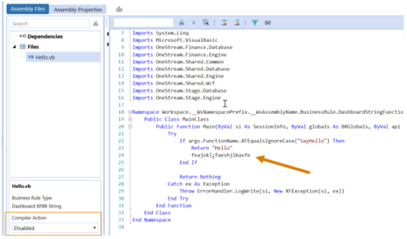 Compile Action dropdown is a rectangle with a black down arrow and arrow pointing the action within the assembly file. 